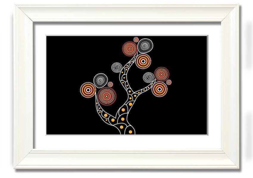 Framed Aboriginal Tree 1 print showcasing vibrant colors and intricate patterns, ready to hang.